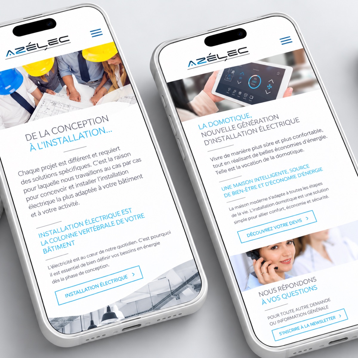Mockup mobile du site Azélec sur des pages de services et de contact