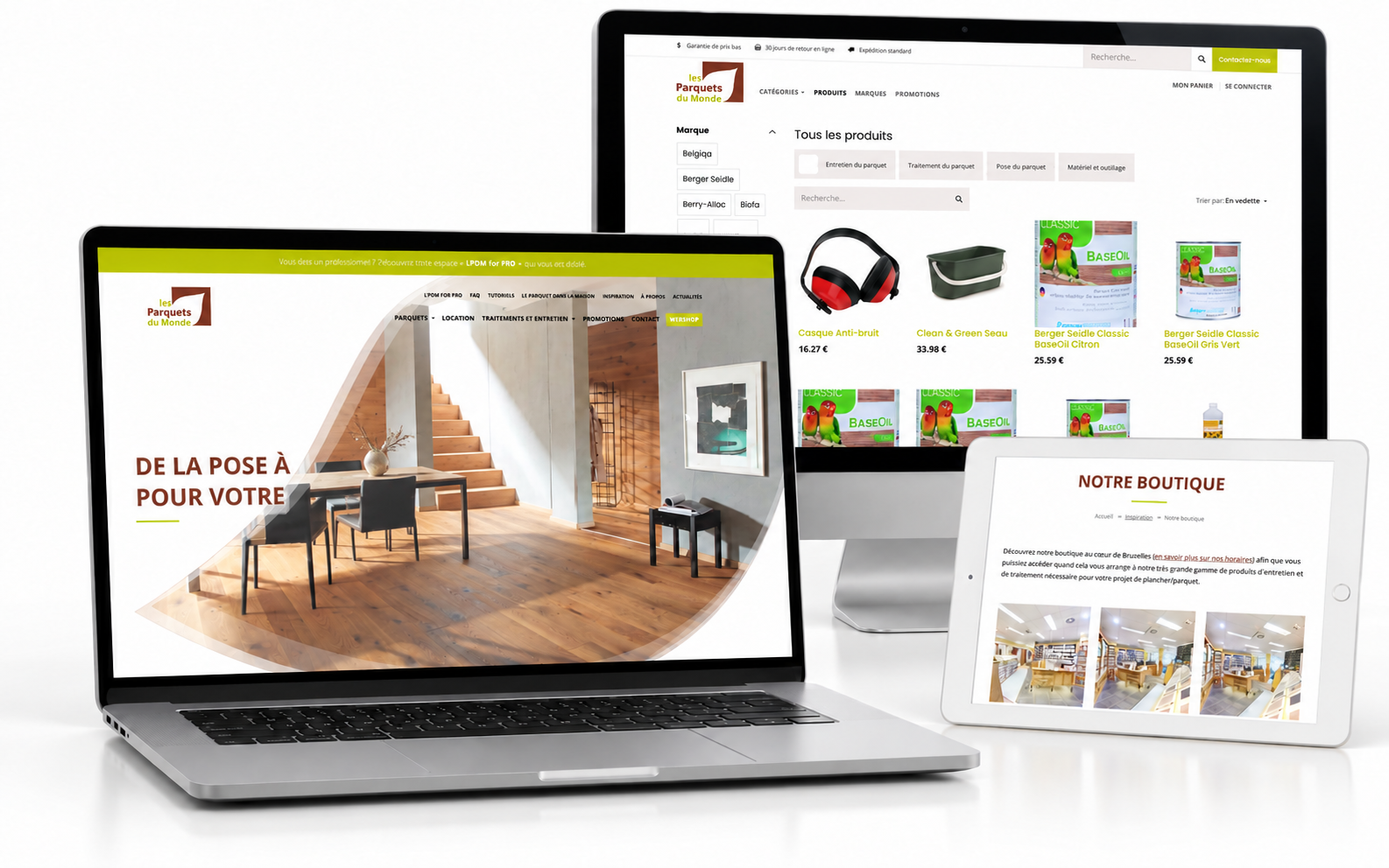 Mockup desktop et tablette du site Les Parquets du Monde avec la page d’accueil, le webshop et une page de boutique.