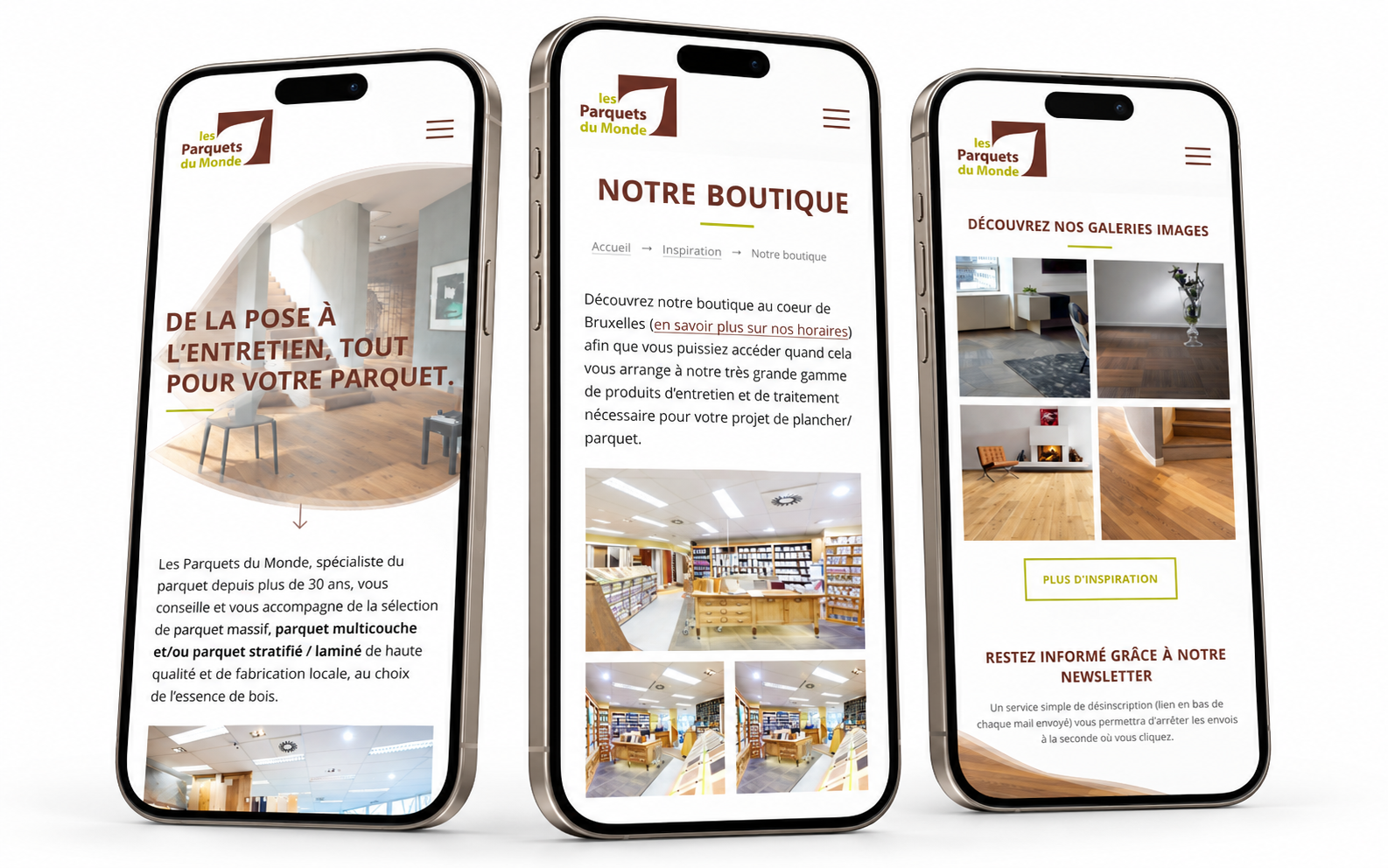 Mockup mobile du site Les Parquets du Monde avec des vues de la page d’accueil, de la boutique et des galeries.