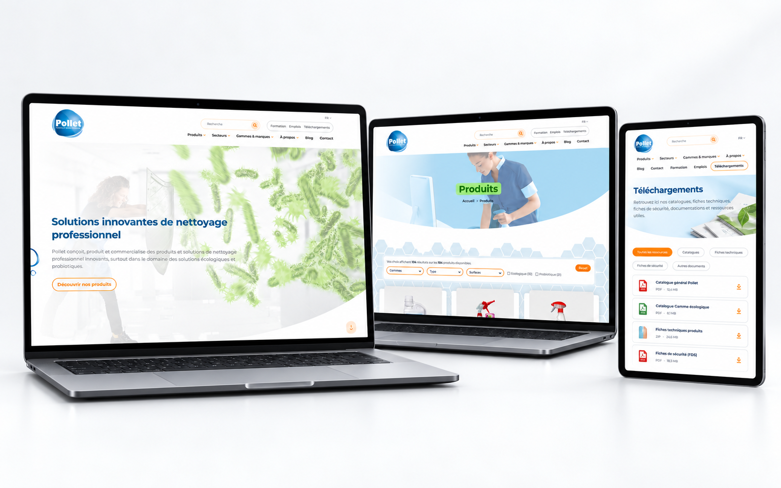 Mockup desktop du site Pollet sur deux laptops et une tablette avec les pages Accueil, Produits et Téléchargements