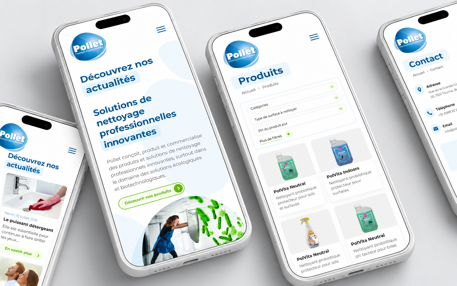 Mockup mobile du site Pollet avec des vues Accueil, Produits, Actualités et Contact